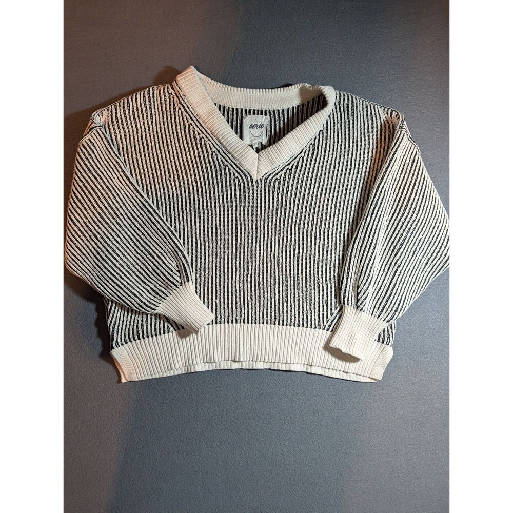 Aerie Women’s S/P Black Ivory Striped V-Neck Oversized Pullover Sweater